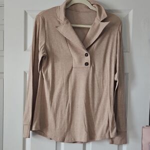Women's Long Sleeve Henley Polo Top in Beige